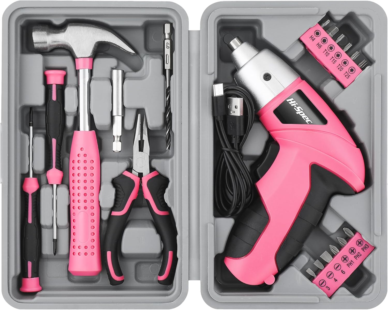 Hi-Spec Cordless Electric Screwdriver, Power Screw Driver Set with Pink Compact Tool Kit for Small Repair and Maintenance- Ideal Housewarming Gift,19 Piece