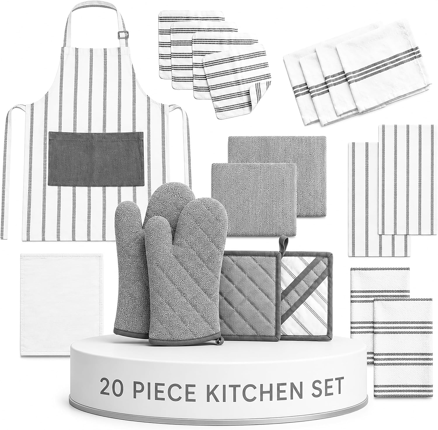 Salt Earth Kitchen Towels and Dishcloths Sets, 20 Pc Kitchen Essentials for New Home, Heat Resistant Oven Mitts & Pot Holders, Absorbent Flour Sack Dish Towels, Apron- Ash Grey
