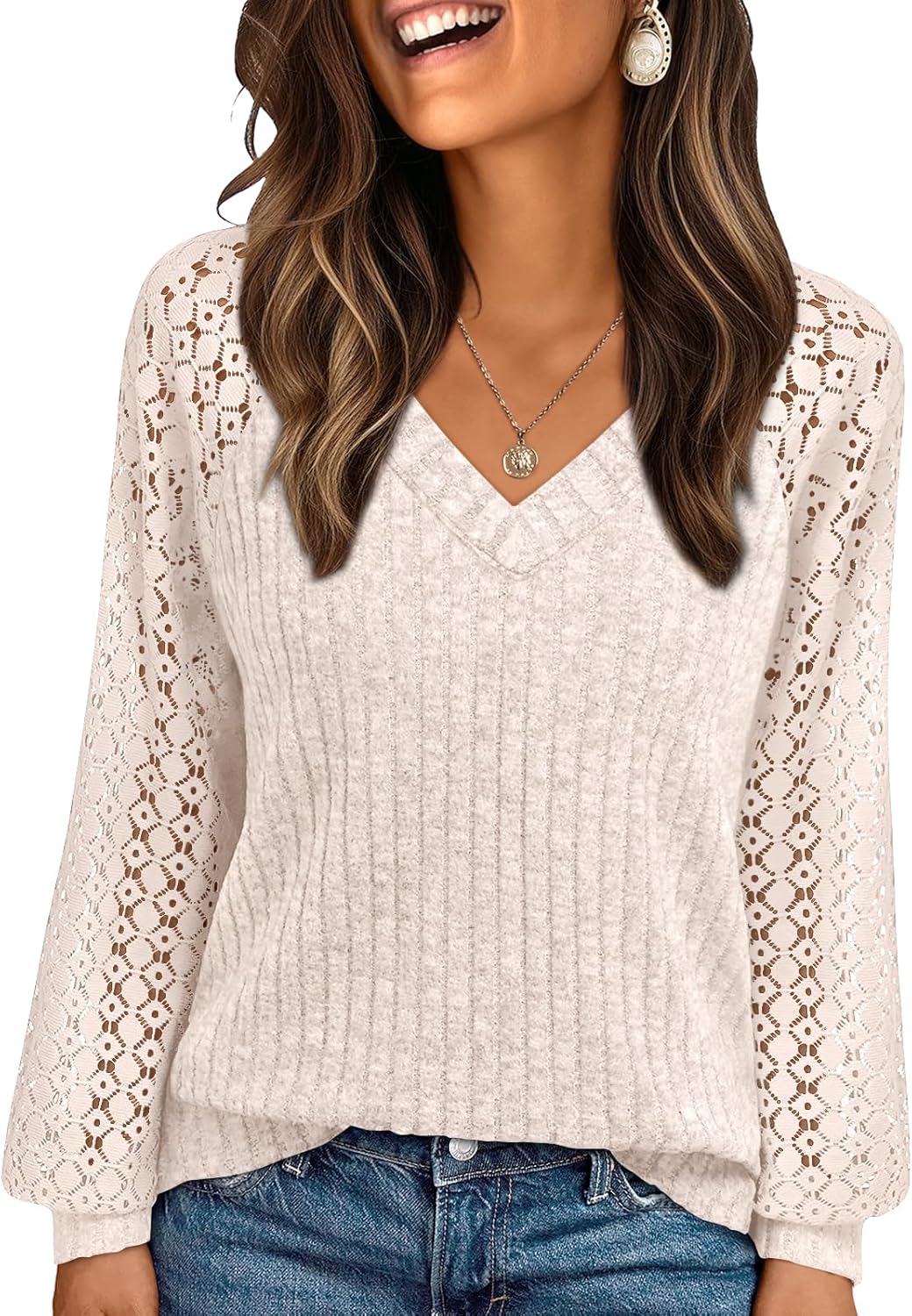 AUTOMET Womens Long Sleeve Lace Fall Cute Tops 2026 Dressy Fashion Trendy | V Neck Lightweight Cozy Soft Sweater, Business Casual Work Blouse, Autumn Winter Clothes, Loose Fitting Tunic Shirt