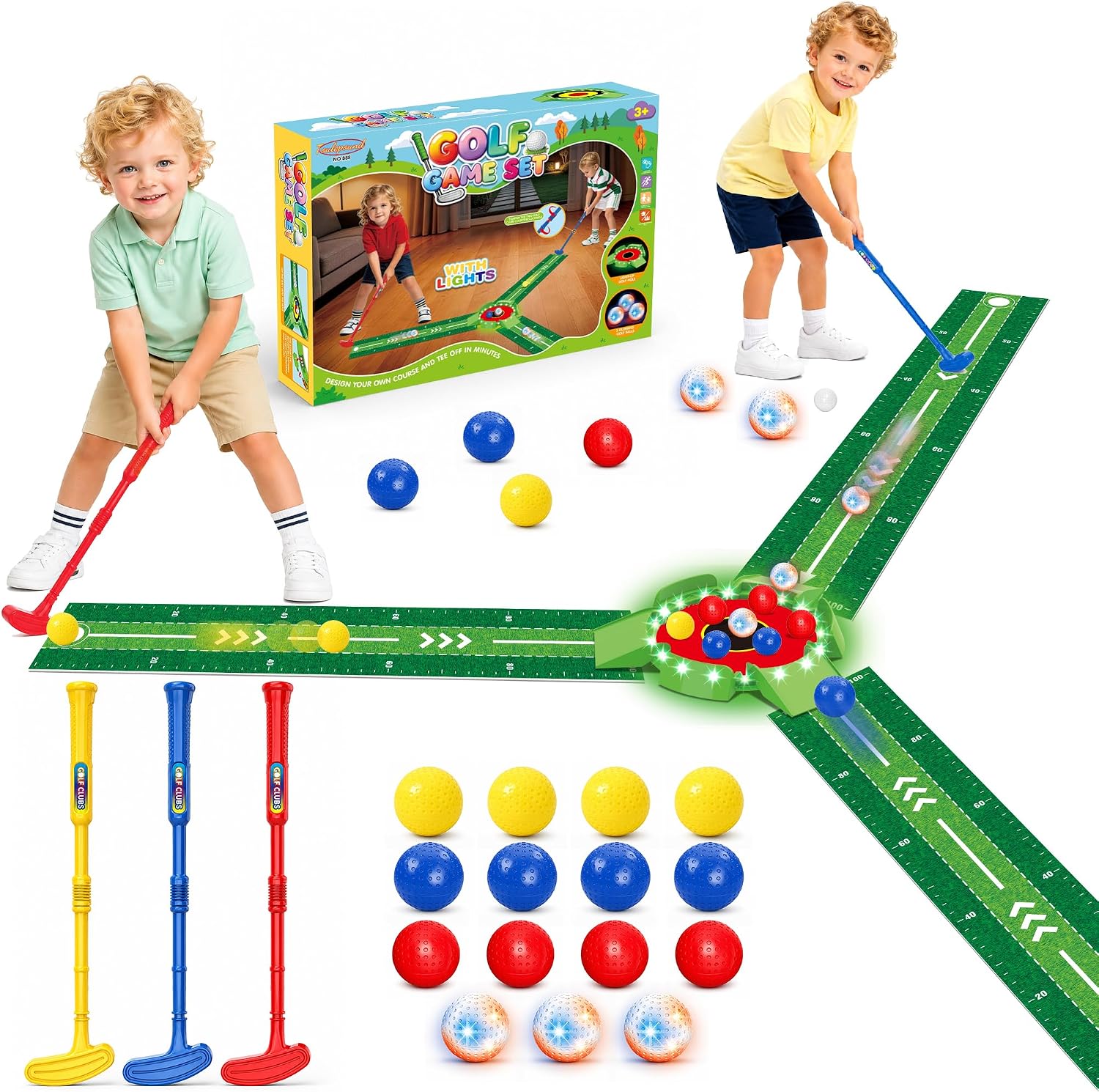 Kids Golf Toys Set, Light Up Golf Putting Indoor Game for Toddlers Ages 3-6 | Build Your Own Mini Golf Course with 3 Putting Mats & Clubs, 1 Glow Hole, 15 Balls, Sports Toy for Boys Girls Birthday Gif