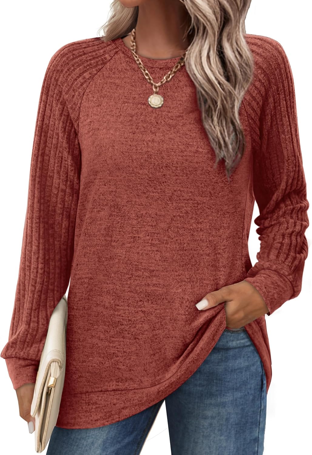 Saloogoe Tunic Sweatshirts for Women Crewneck Lightweight Sweaters Raglan Long Sleeve Shirts Fall Fashion Tops 2026