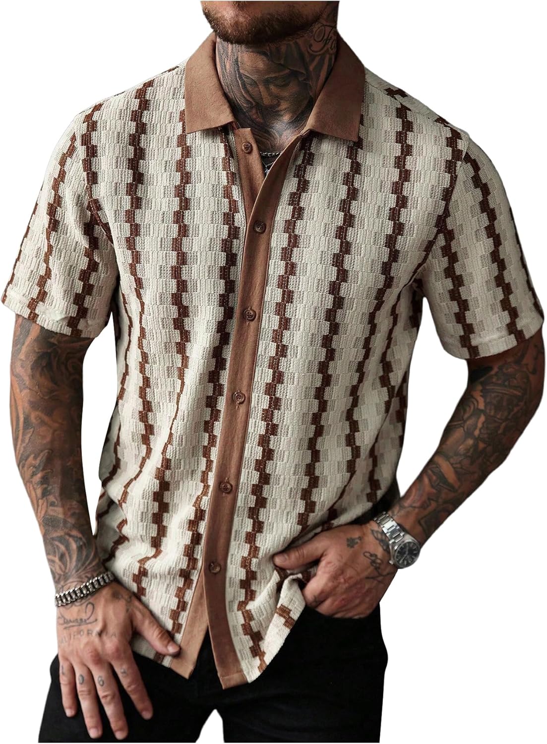 SOLY HUX Men's Summer Striped Shirts Casual Button Down Textured Short Sleeve Collared Vintage Beach Shirts