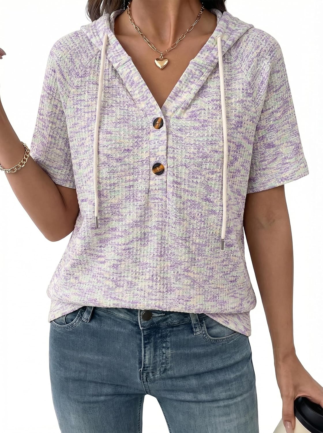 Dokotoo Womens Summer Tops 2026 Short Sleeve Button V Neck Waffle Knit Lightweight Drawstring Hoodies Casual Blouses Shirts