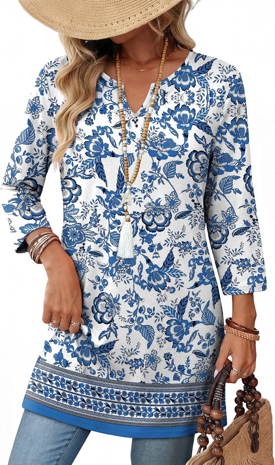 OFEEFAN Summer Boho Tops For Women 3/4 Length Sleeve Womens Tops Vacation Outfits