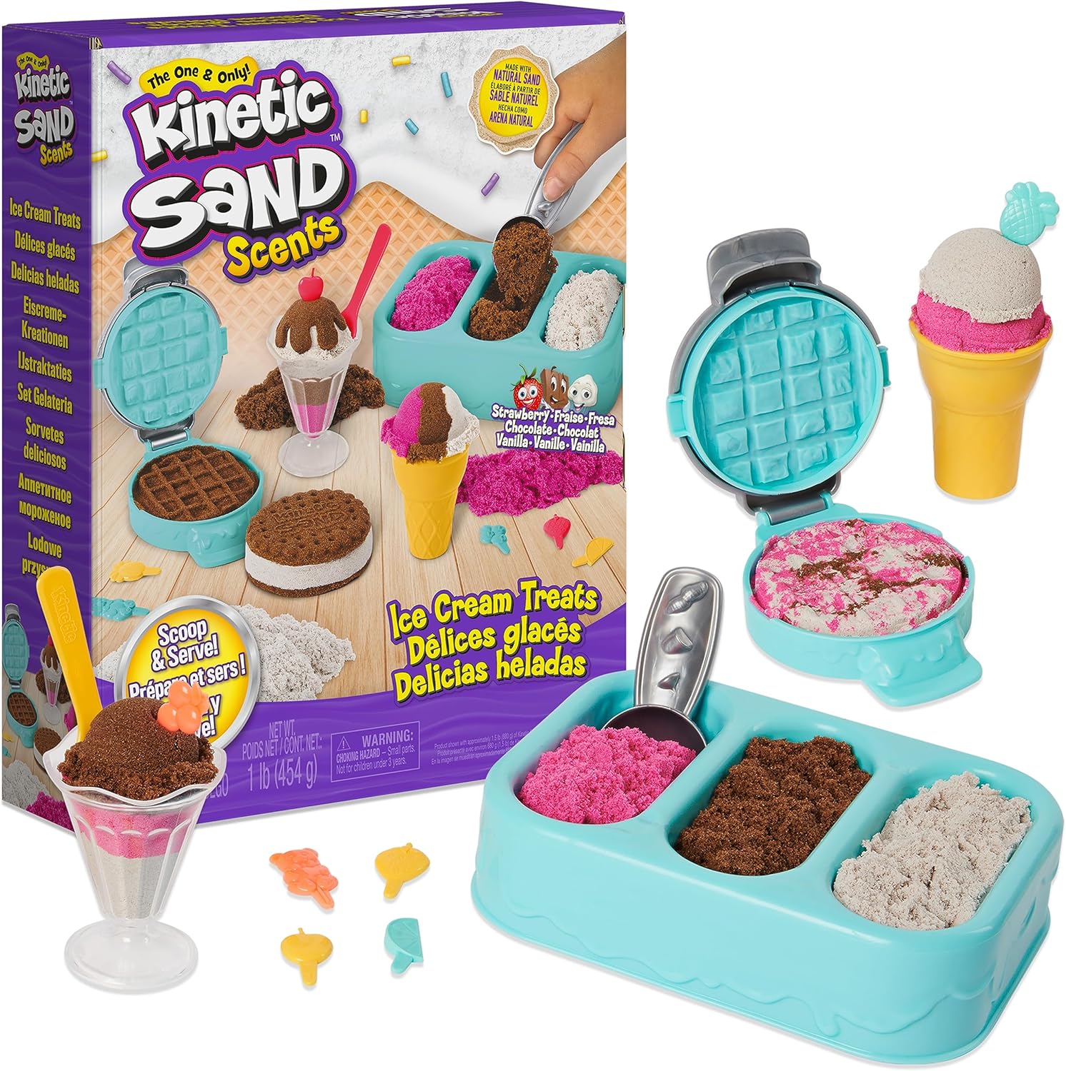 Kinetic Sand Scents Ice Cream Treats, Moldable Sand Sensory Toys, Ages 3+ | Swirl Strawberry, Chocolate & Vanilla Scented Play Sand Ice Cream Cones, 3 Colors & 6 Tools, Birthday Gifts for Kids