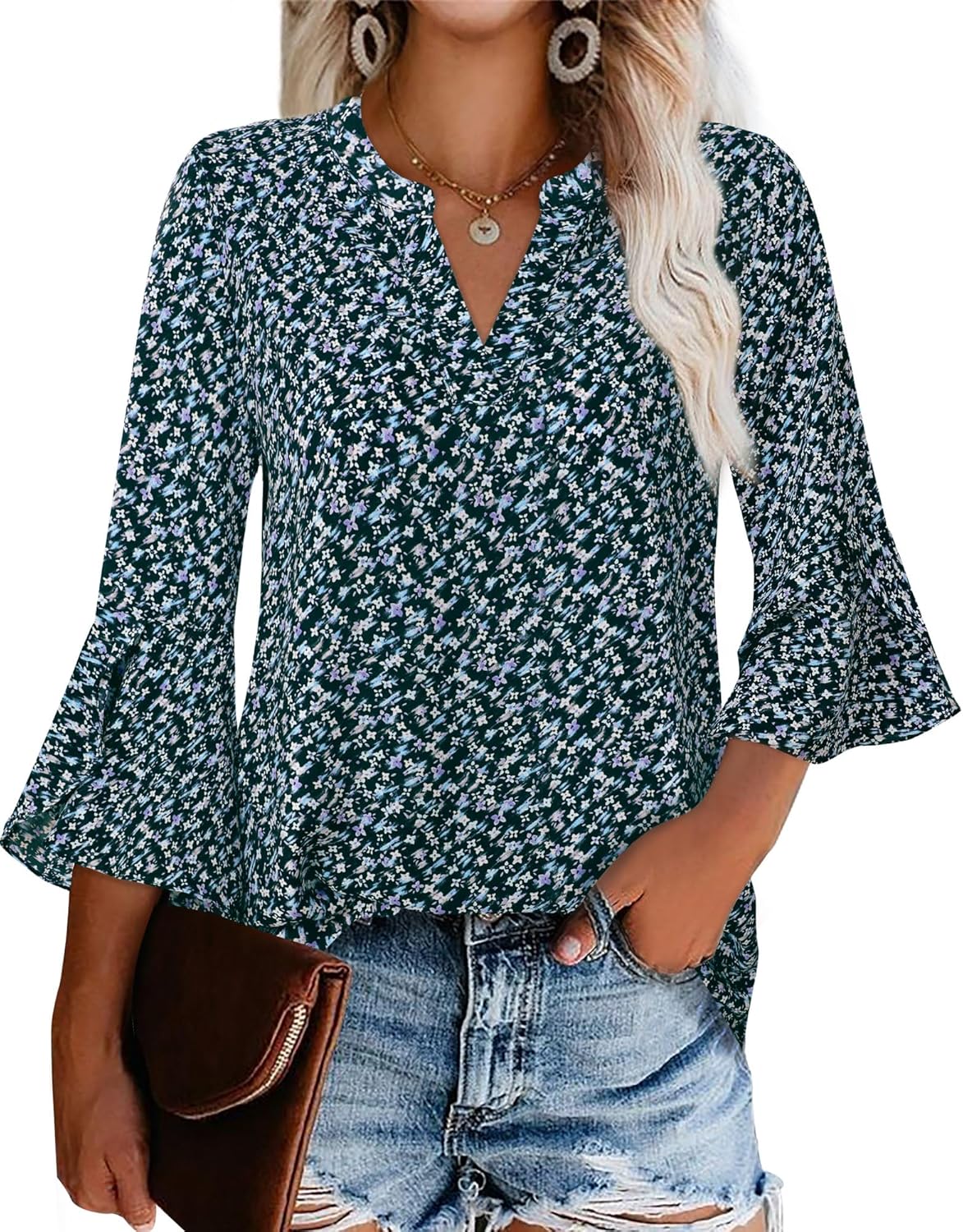 Gaharu Women's Work Blouses Ruffle 3/4 Sleeve Dressy Top V Neck Casual Chiffon Tunic Blouses Business Shirts