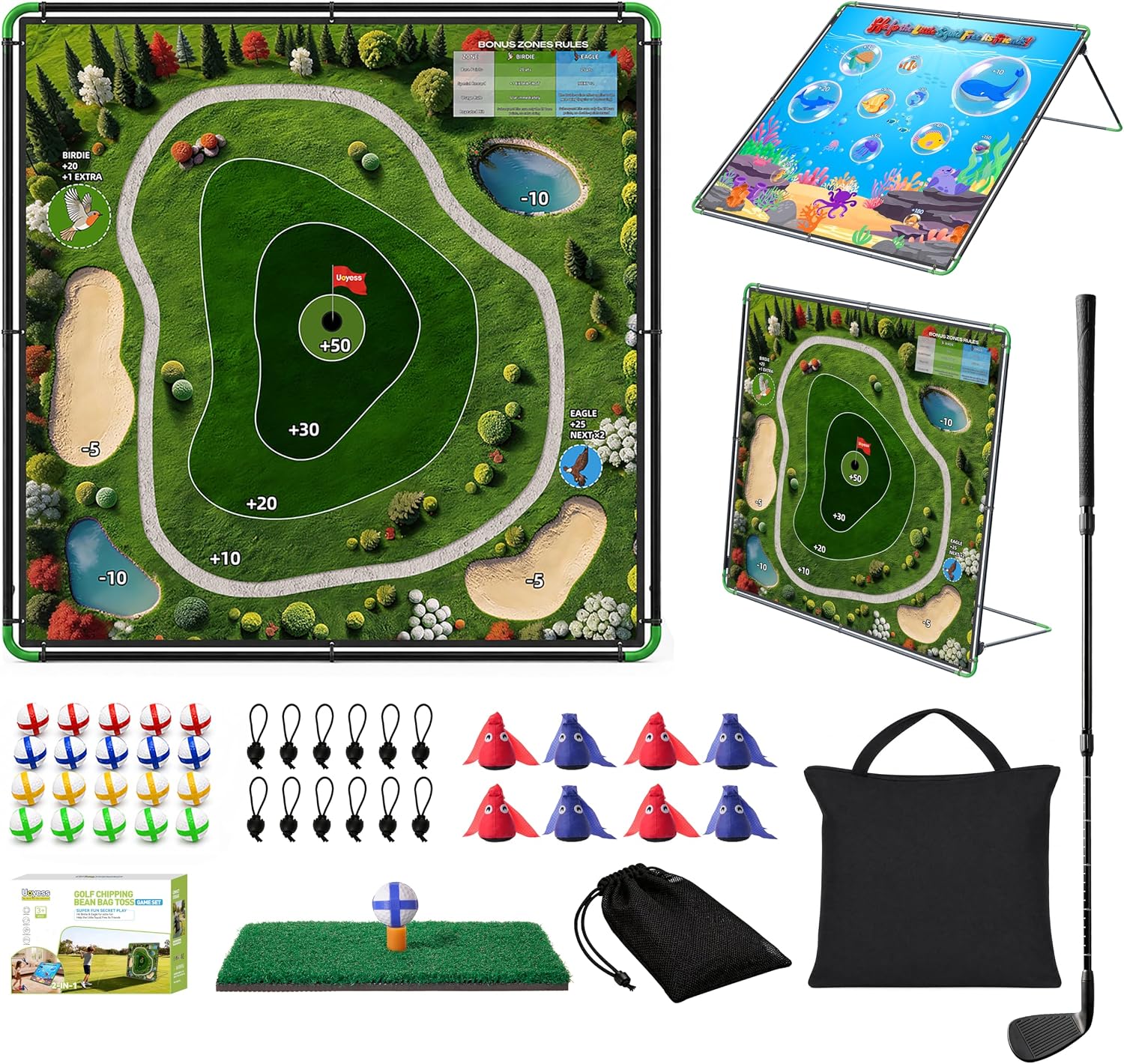 2 in 1 Golf Chipping Game & Bean Bag Toss Set, Backyard Game with Large Target Mat, Adjustable Metal Stand & Telescopic Golf Club, Outdoor Indoor Sticky Golf Game Set Gift for Kids Adults Family