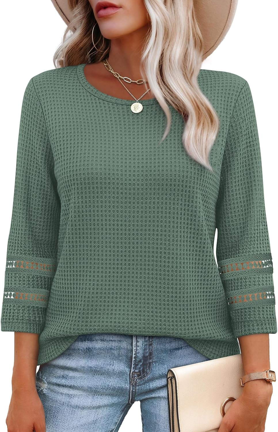 OFEEFAN Womens Tops Dressy Casual 3/4 Length Sleeve Shirts Spring Summer Plus Size Lace Crochet Blouses Waffle Knit
