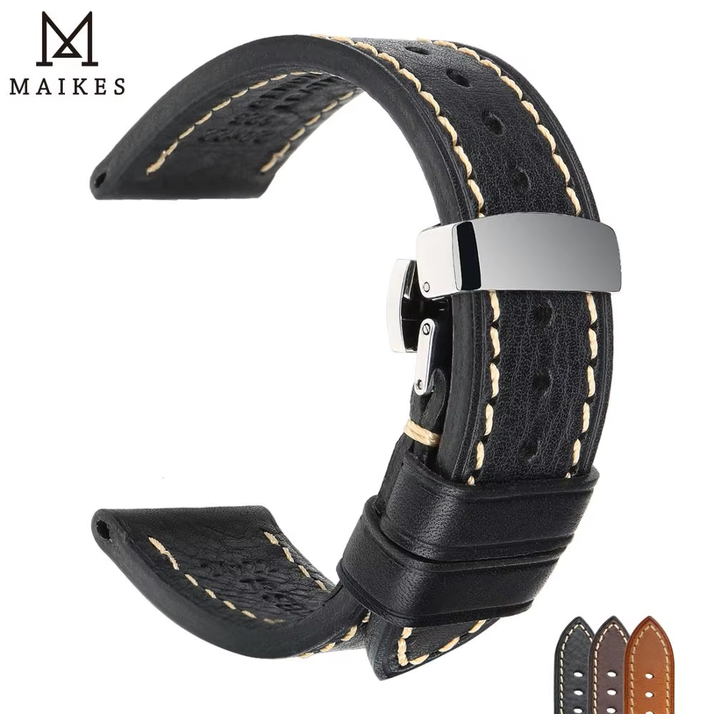 MAIKES Handmade Watch Band Genuine Cow Leather Watch Strap With Butterfly Buckle Bracelet For MONTBLANC Tudor Watchbands