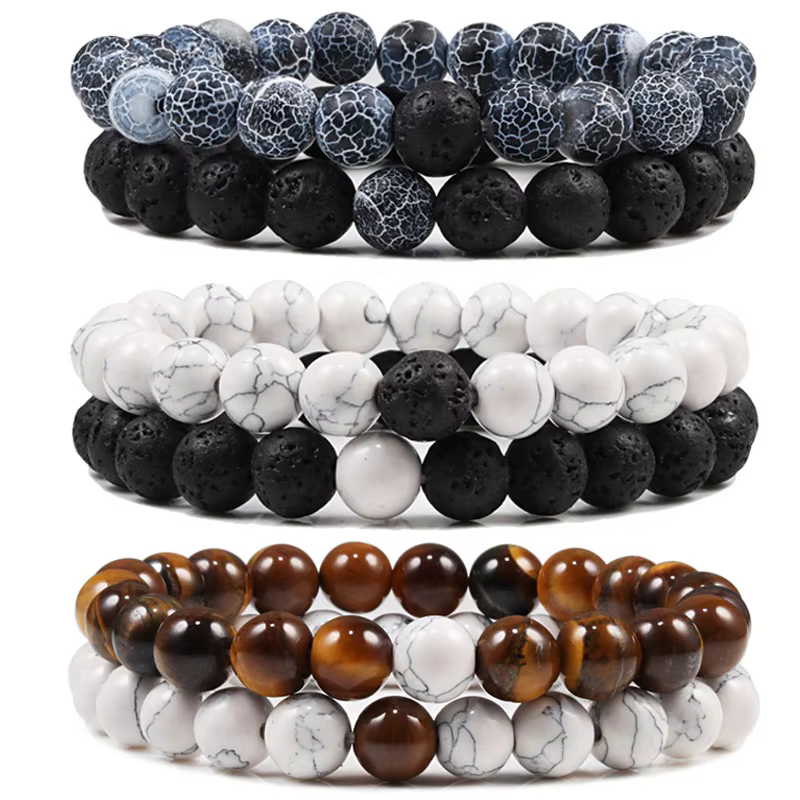 Set Bracelet Couples Distance Black White Natural Lava Stone Tiger Eye Beaded Yoga Bracelets for Men Women Elastic Rope Jewelry - AliExpress 36