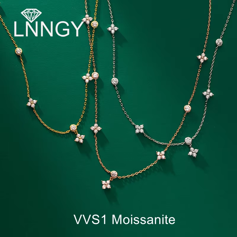 Lnngy D Color Moissanite Choker Necklace Bijoux Argent 925 Sterling Silver Four-leaf Flower Necklaces for Women Jewelry Gift