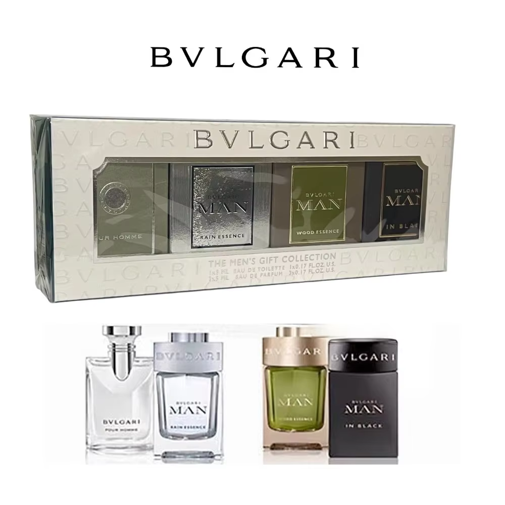BVLGARI 4 Pcs MiIniset EDT Perfume 5ML (PH) + EDP 3 X 5ML(RAIN ESSENCE, WOOD ESSENCE), Original The Men's Gift Collection