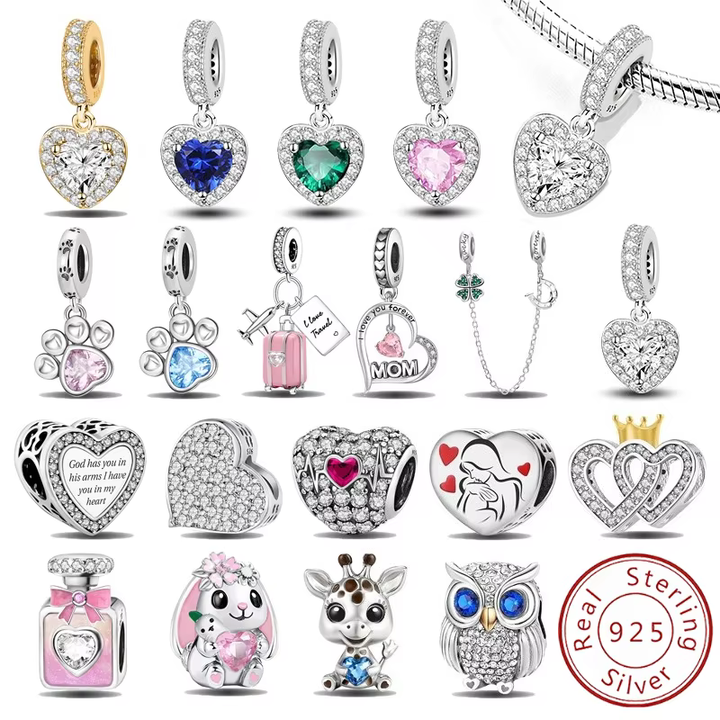 925 Sterling Silver Pendants Zircon Paw Red Love Heart Charms Beads Fit Original  Bracelet Bangles DIY Fine Jewelry For Women
