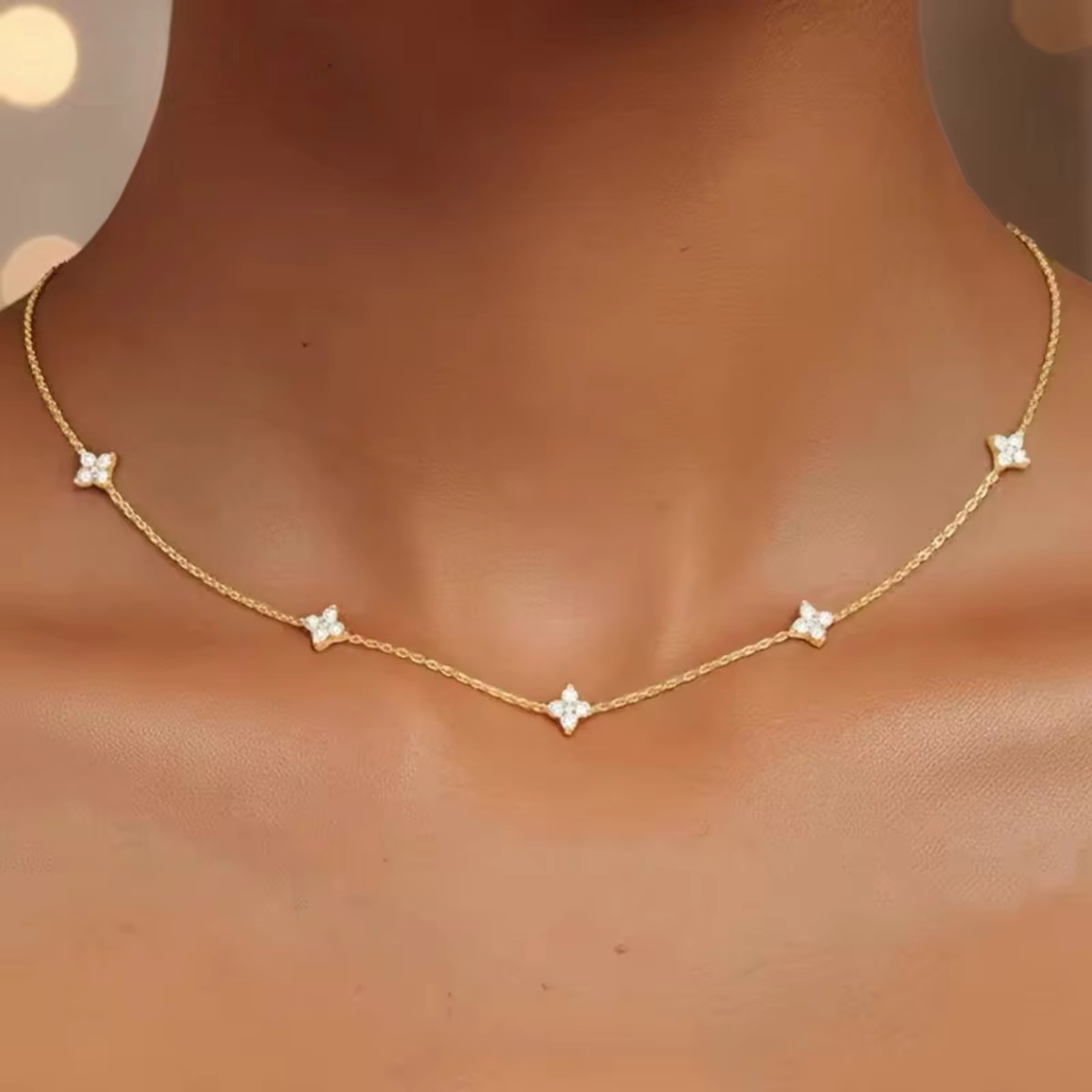 Dainty CZ Clover Station Necklace for Women Silver Color Chain Choker Sparkly Rhinestone Charm Jewelry