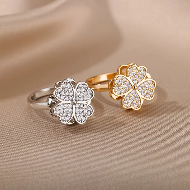Zircon Rotatable Four Leaf Clover Anxiety Rings For Women Stainless Steel Anti-Stress Fidget Spinner Ring Aesthetic Jewelry Gift - AliExpress 36