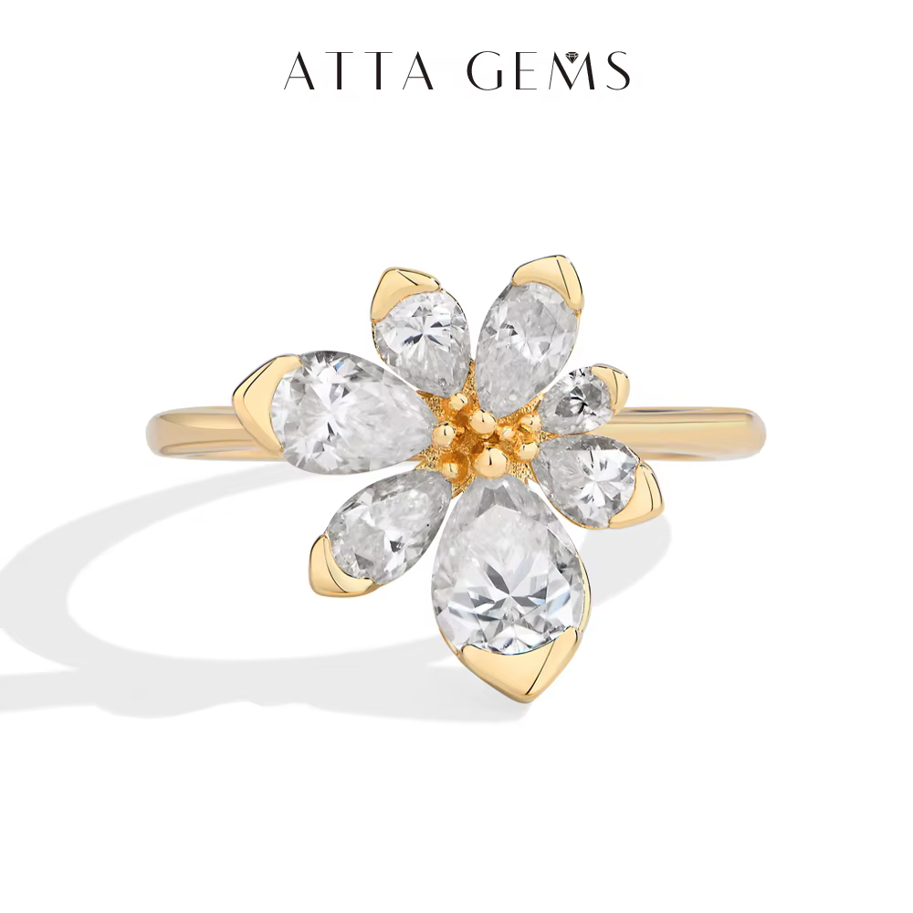 ATTAGEMS 925 Sterling Silver Luxury Women Ring Flowers D VVS1 Moissanite Pear-cut Engagement Band Anniversary Gift Fine Jewelry