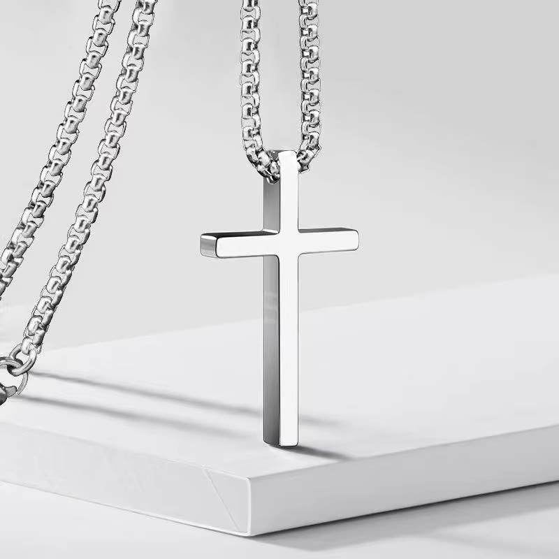 Hip Hop Trend Cross Pendant Necklace for Men Simple Punk Silver Color Titanium Steel Chain Versatile Street Jewelry Accessories